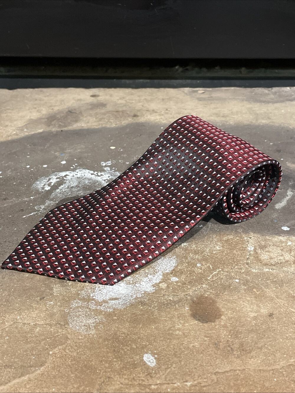 Kai Long 100% Silk Tie Burgundy/Wine Squared Pattern Handmade